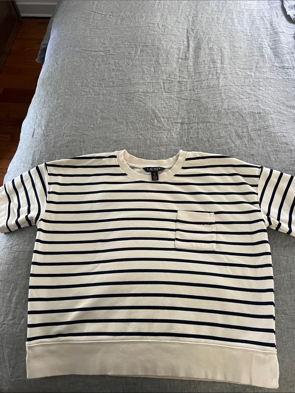 Lauren Ralph Lauren Cream and Navy Striped Pocket Tee Shirt